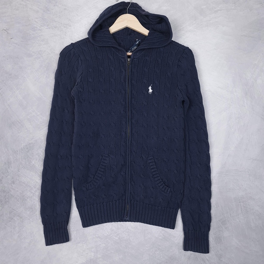 Ralph Lauren Cardigan Sweater Hoodie Womens Small Navy Cable Knit Full Zip